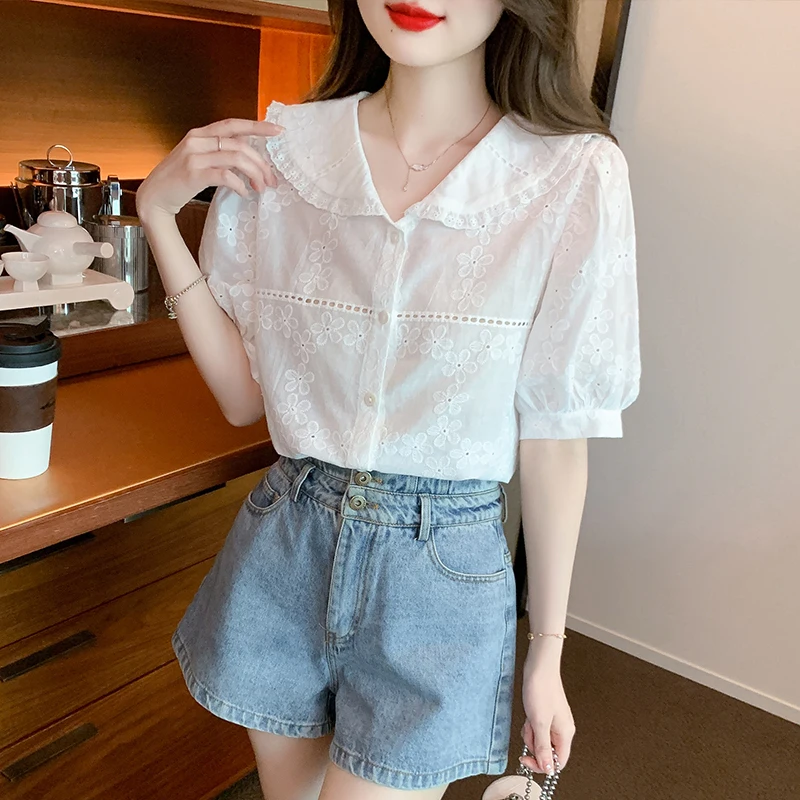 Fashion Short Sleeve Doll Collar Women Shirt Hollow Out Casual Shirt Blouse Women Tops  Blusas Mujer De Moda 2024 Verano G731