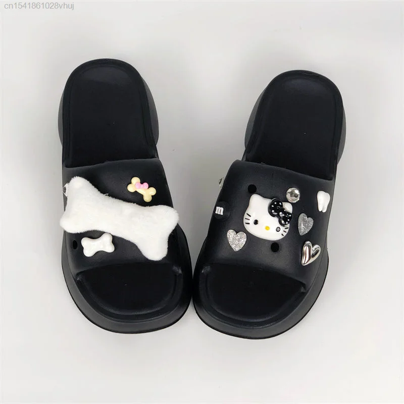 Sanrio Hello Kitty Slipper Cave Shoes Female Summer Flip Flop Y2K Punk Beach Sandals Shoes Women High Heels Slippers Chinelos