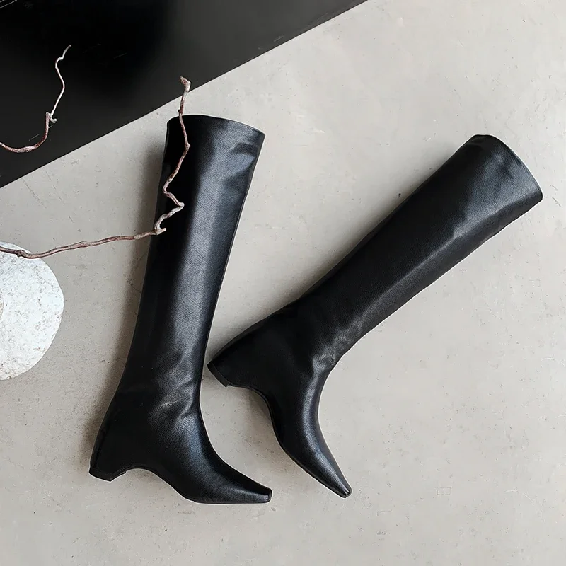 2026 Mode Winter Vrouwen Knie Hoge Laarzen Koe Lederen Hoge Hak Vrouw Schoenen Puntschoen Warme Lange Laarzen Dame Jurk 34-40