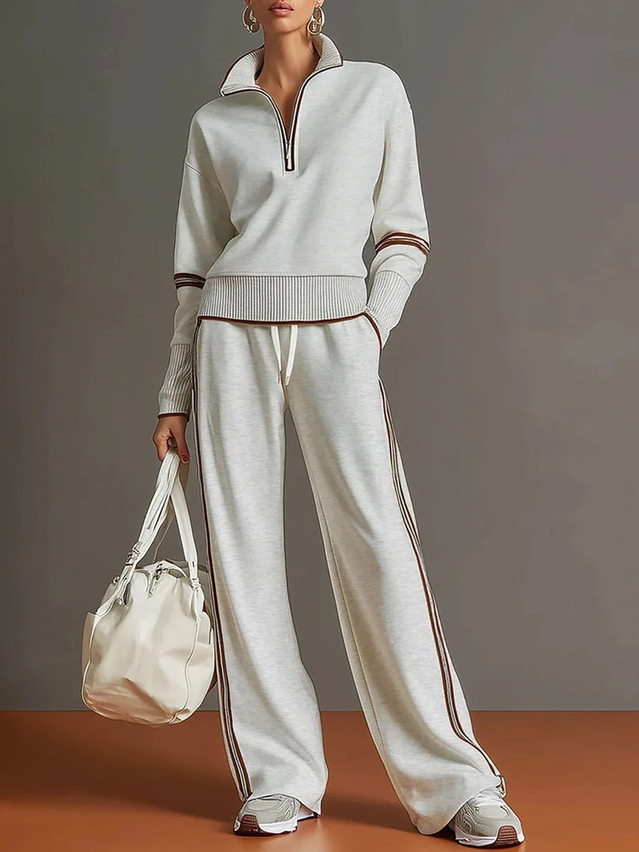 Ensemble de survêtement élégant pour femme : haut zippé à manches longues et pantalon rayé à jambes 