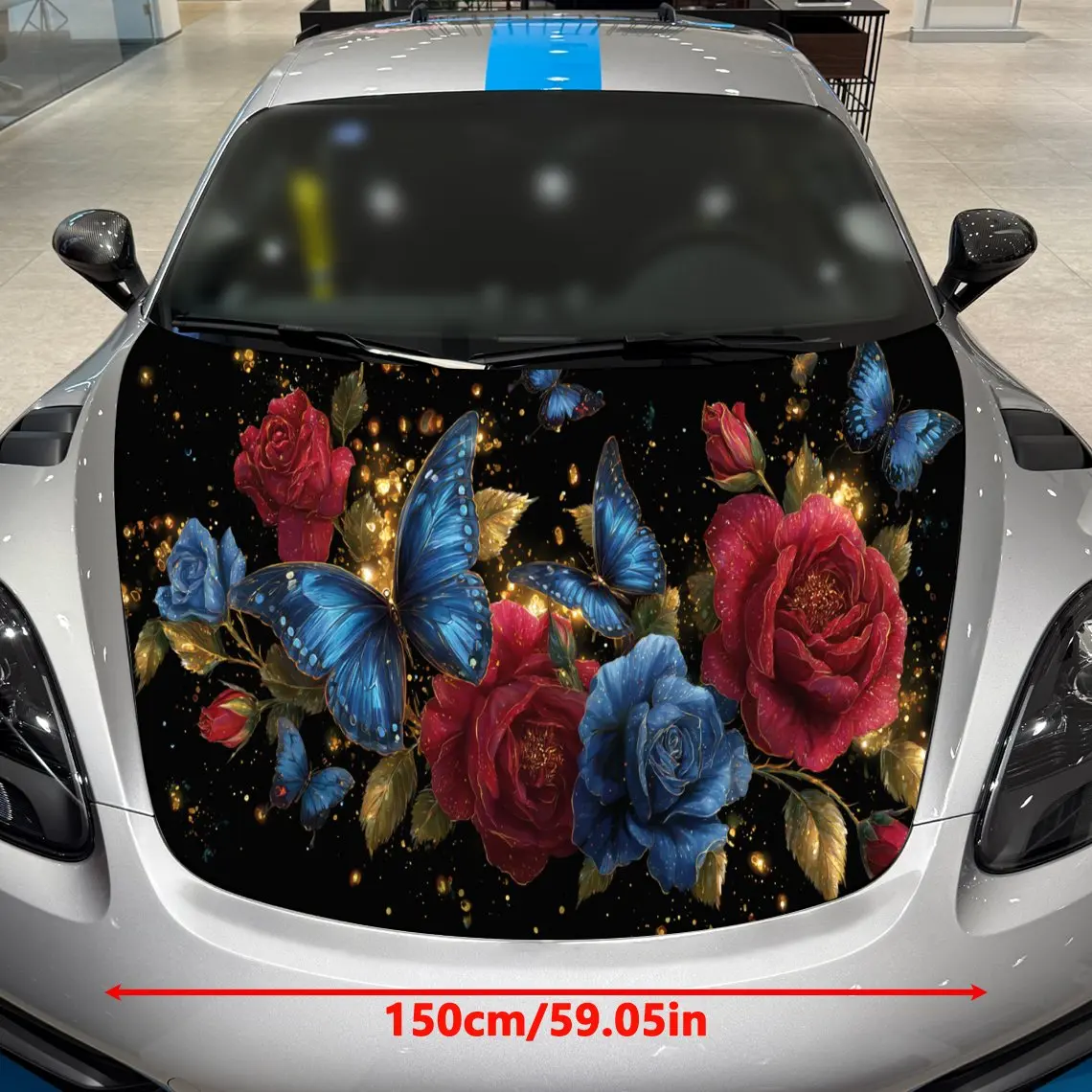 Artistic Rose Butterfly Car Hood Wrap, Nature Inspired Car Hood Decal, Car Exterior Accessory, Waterproof and Self-adhesive Auto
