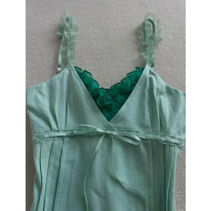 Purely sensual retro hipster sexy vintage mint green lace strapless top and bottom set trendy and fashionable summer outfit Y2K