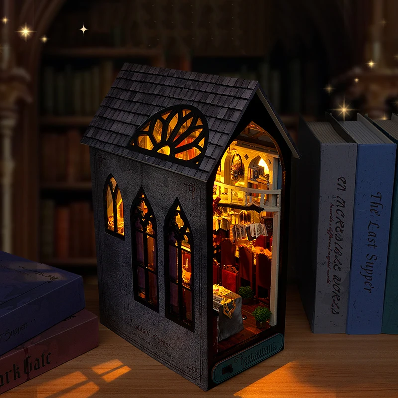 ใหม่ DIY ไม้ Magic ร้านอาหาร Book Nook ชั้นวางใส่ Miniature ชุดชั้นวางหนังสือ Light Bookend เพื่อนของขวัญวันเกิด