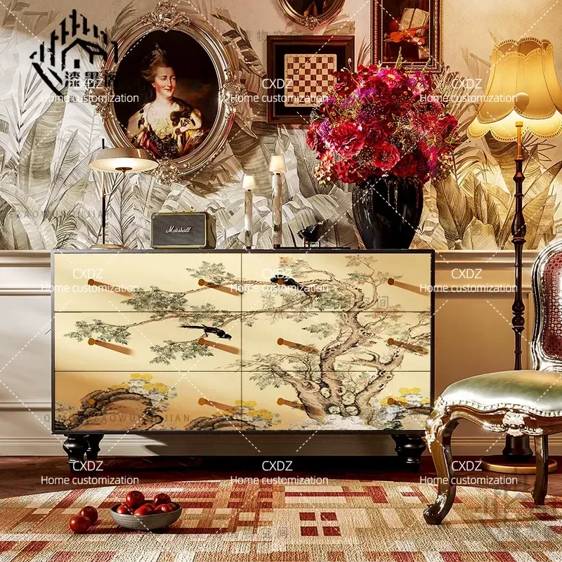 Medieval Style Classical Flower and Bird Pattern Six Drawer Chest Cabinet Living Room Storage Unit Porch Decorative Bookcase