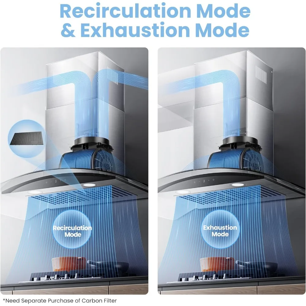 Curved Glass Range Hood 36 Inch 450 CFM 3 Speed Gesture Sensing &Touch Control Panel Stainless Steel Kitchen