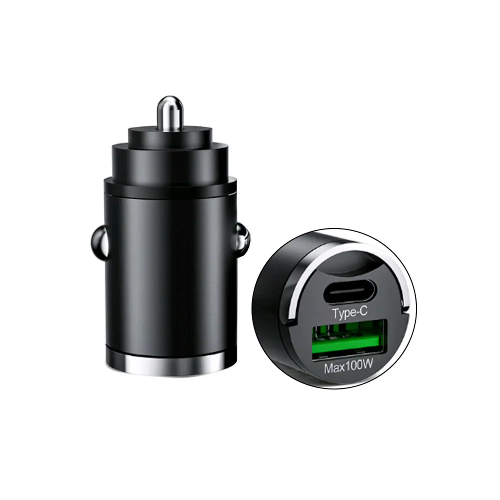 

Car Mini Metal Type C Charger Adapter Fast Charging PD & QC3.0 Dual Port Type C Invisible Car Cigarette Lighter 100W USB Charger