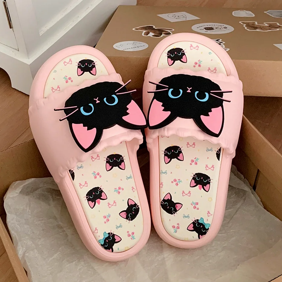 sweet girl pink slippers women's personalized summer shoes woman black cat EVA slipper odorless home shoes bath beach slipper