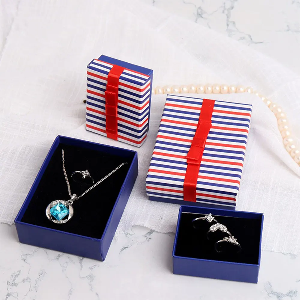 24pcs/Lot Blue Rainbow Stripes Jewelry Box With Red Ribbon Necklace Earring Simplicity Candy Chocolate Gift Chic Packing Casket