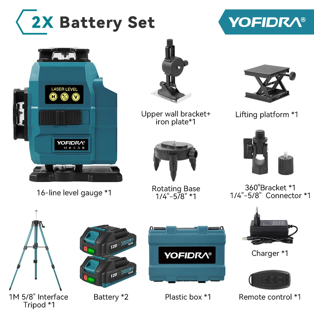 YOFIDRA 4D-laserniveau 16-lijnen Ultra krachtige groene straal 360 °   Zelfnivellerende horizontale laserniveaus voor Makita 18V batterijpennen