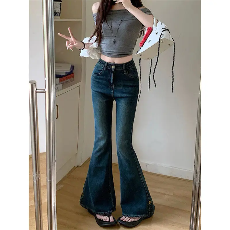 High Waist Bell Bottom Denim Jeans Women's Spring Design Sensation Retro Elastic Micro Flared Jeans Cotton Stretch Denim
