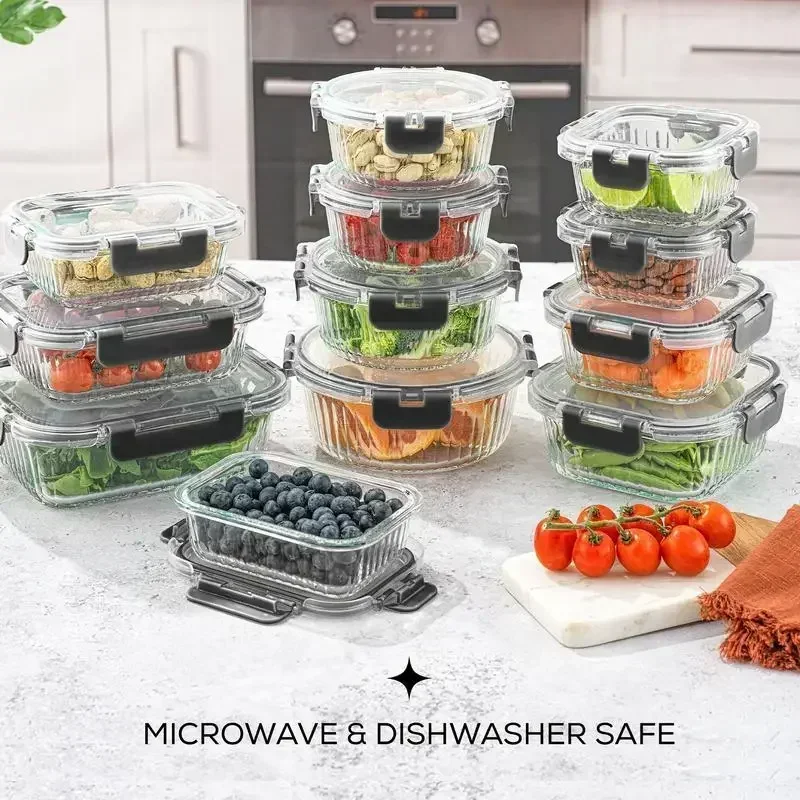 JoyJolt 24pc Fluted Glass Storage Containers (12 Airtight, Freezer Safe Food Storage Containers and 12 Lids)