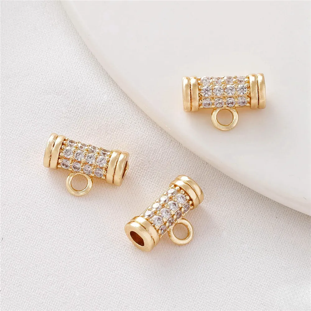 14K Gold-plated Studded Straight Tube with Hanging Ring Large Hole Three-way Bead Pendant DIY Bracelet Necklace Accessories