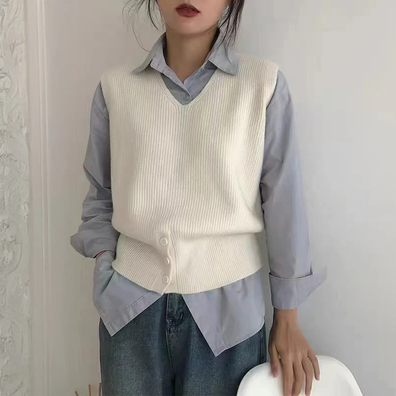 

Свитер-жилет для женщин, однотонные пуловеры без рукавов с v-образным вырезом на пуговицах спереди, вязаный свитер, жилет, топ, наряд для девочек-подростков