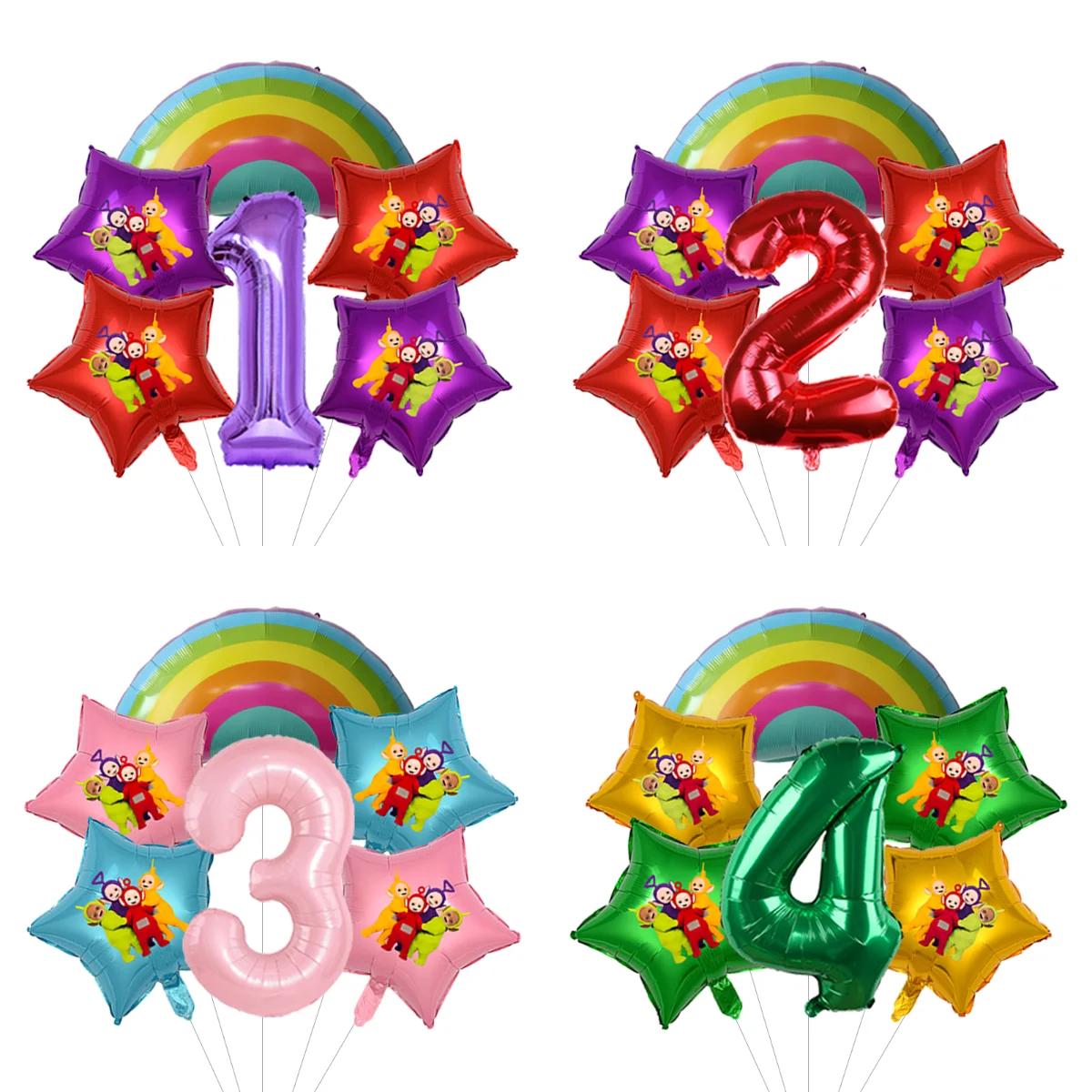 Weiche, farbige Teletubbies-Muster-Geburtstagsballons, ideal für Kindergeburtstage und sanfte Kinderdekorationen.