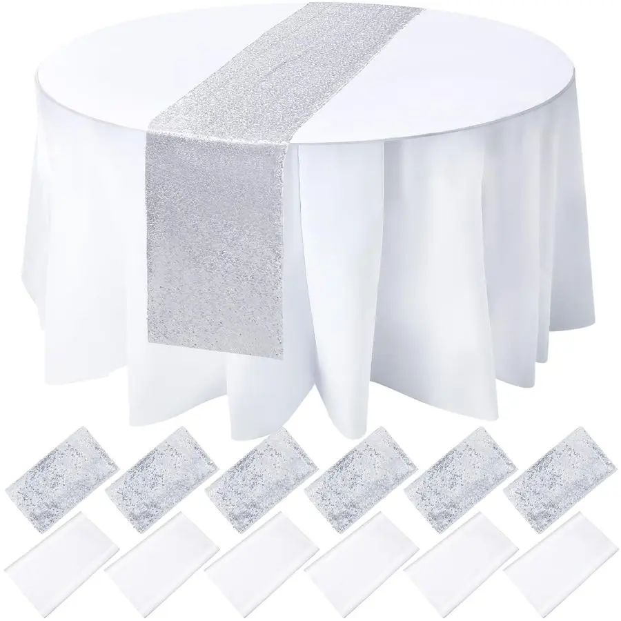

12 Pack Round Plastic Tablecloth 84 Inch with Glitter Sequin Table Runner 12 x 108 Inch Disposable Waterproof Tablecloth for Par