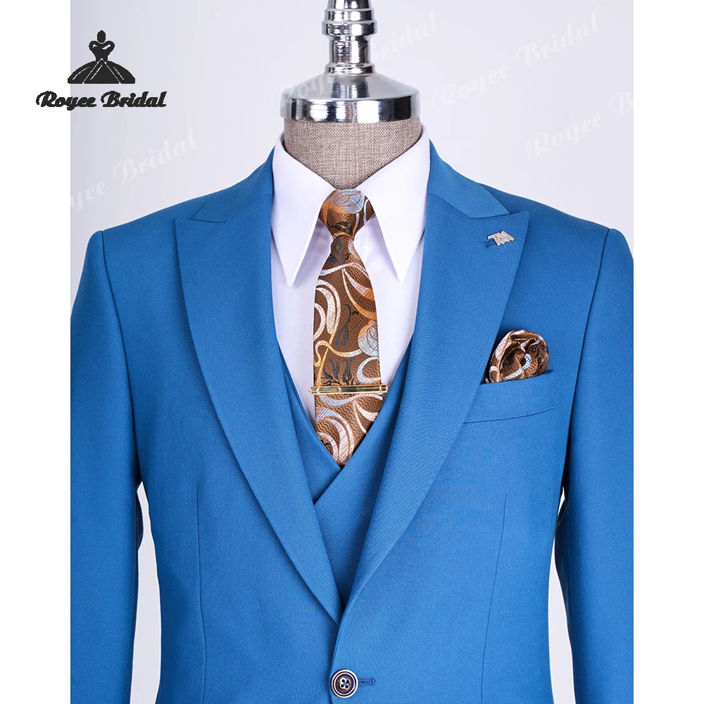 ブルーの3ピースメンズスーツ 結婚式2026 シングルブレストピークドラペル イブニングビジネススーツ カスタムメイド 男性用スーツ