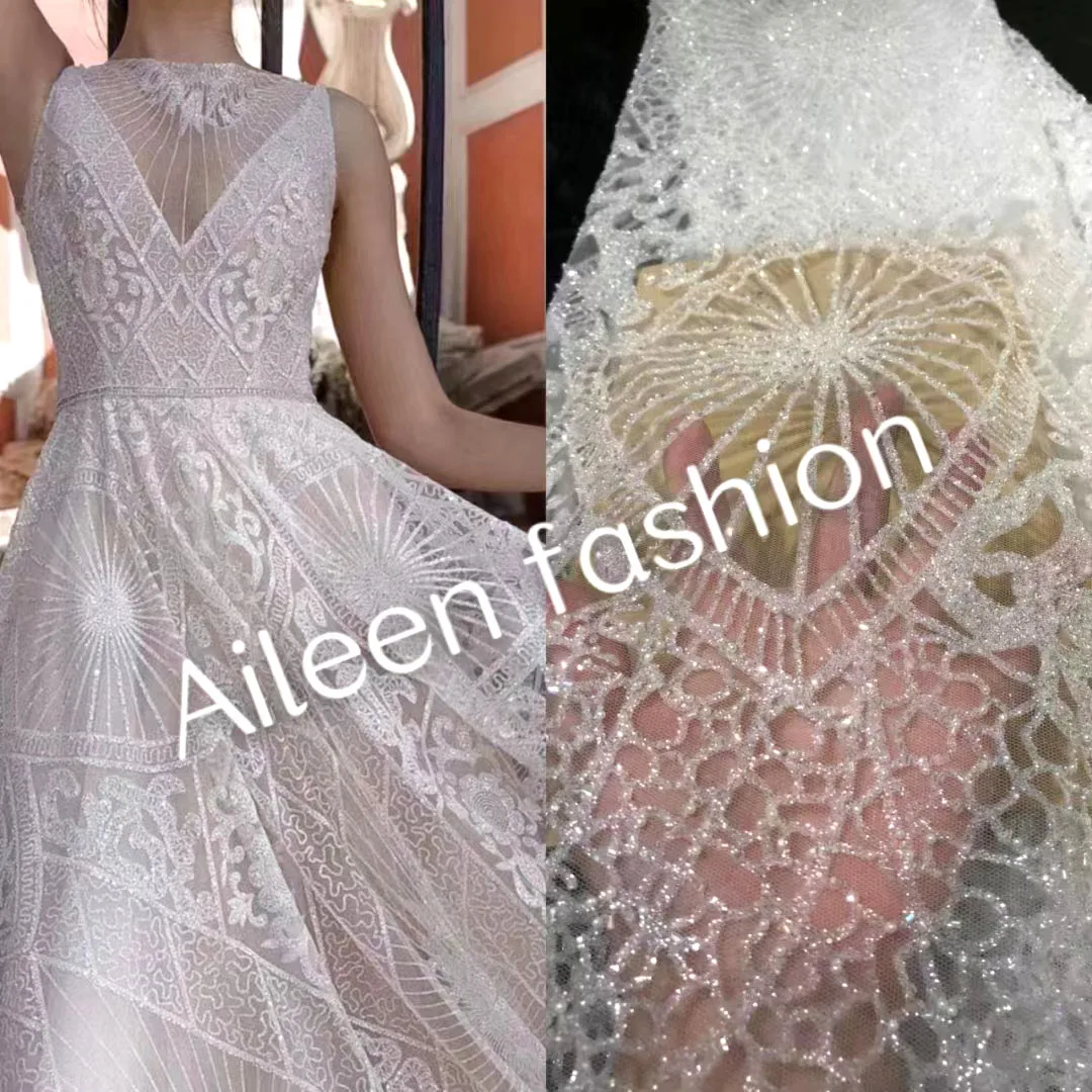 Latest White Bridal Wedding Dress Material Shiny Sequins Lace Fabric French Net Glitter Tulle Mesh for Sewing Women Evening Gown