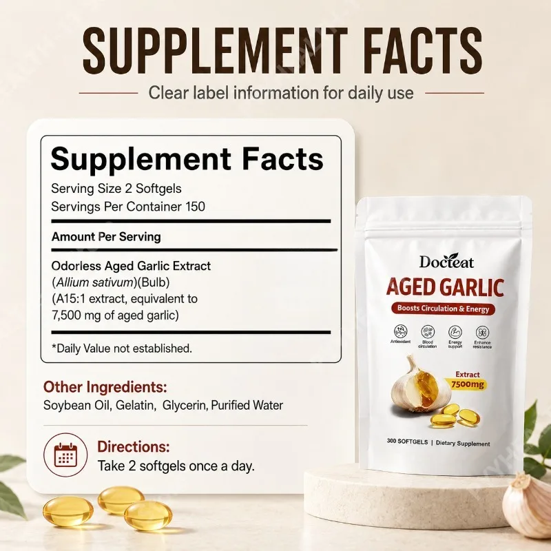 Aged Garlic Extract 500mg Per Serving 15:1 Odorless Formula for Daily Wellness and Nutritional Support for Adults 300 Softgels