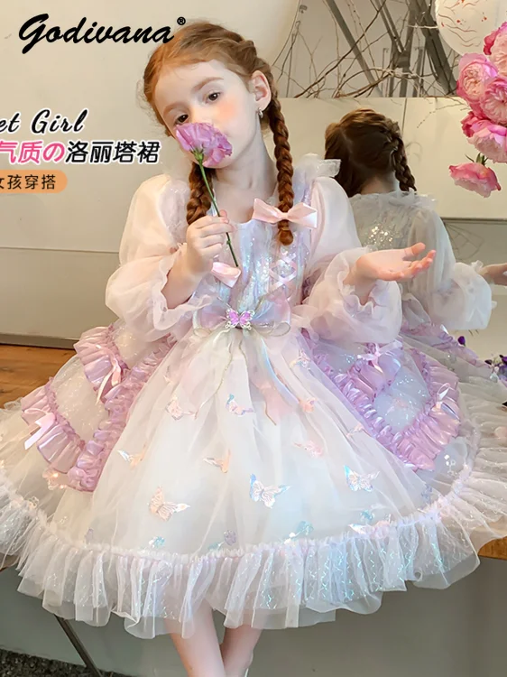 Sweet Baby Girls 2026 Spring and Autumn Lolita Princess Tutu Dress Toddler Kids Long Sleeve Tulle Sequin Butterfly Birthday Gown
