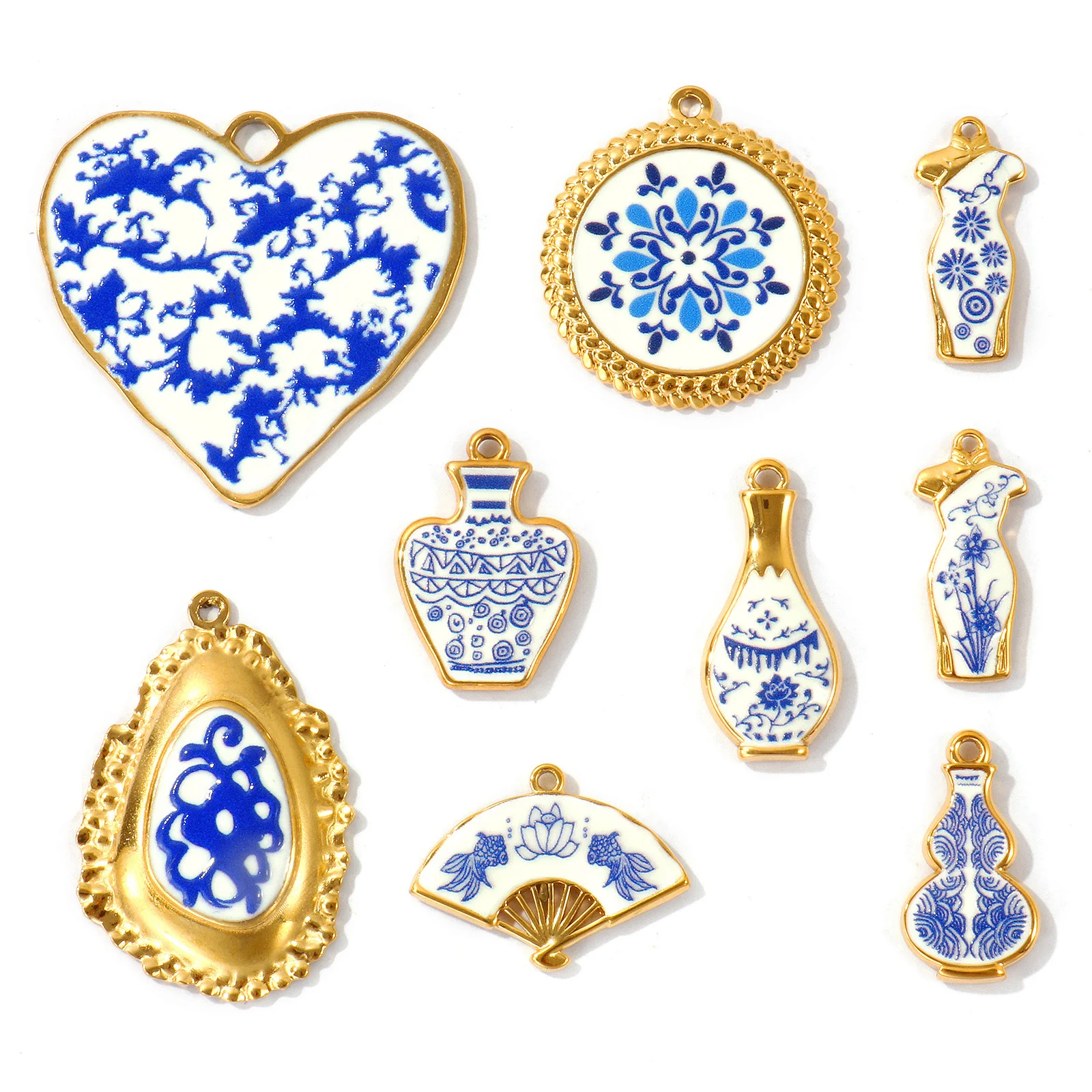 2 Stück Vintage-Keramik-Anhänger, geometrisches Herz, fächerförmig, blaue Blume, Emaille, 304 Edelstahl-Anhänger für DIY-Halskette, Schmuck