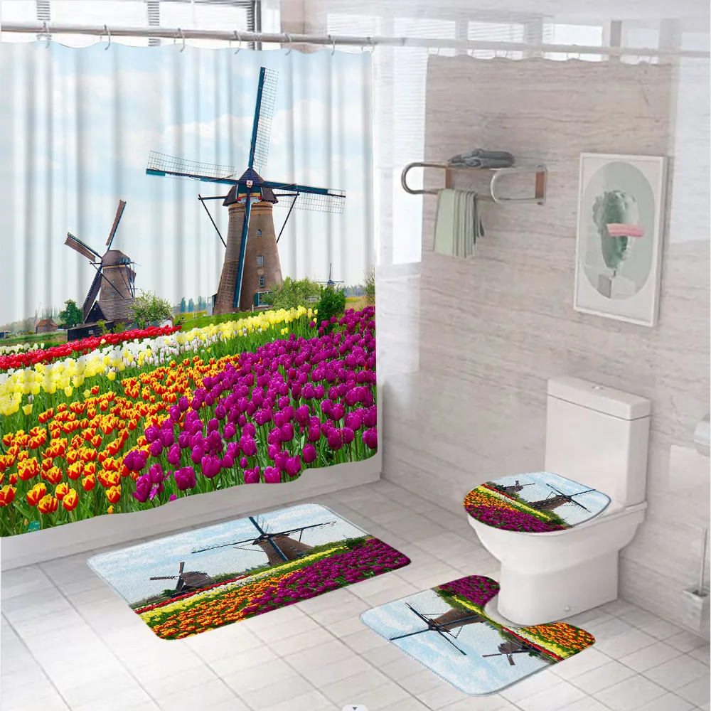 Oil Painting Rural Scenery Shower Curtain Sets Country Farmhouse Bathroom Decor Curtains Non-Slip Rug Toilet Lid Cover Bath Mats