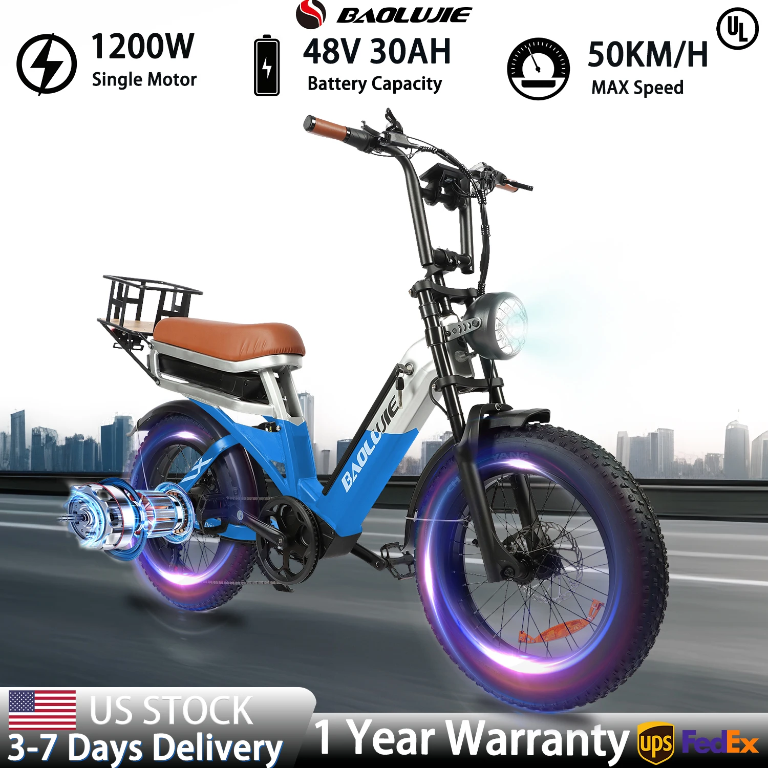 

BAOLUJIE 2033 Electric Bike for Adults Electric Bicycle 1200W Peak Motor,31MPH ,Commuter Ebike 48V 30AH Battery【1 Year Warranty】