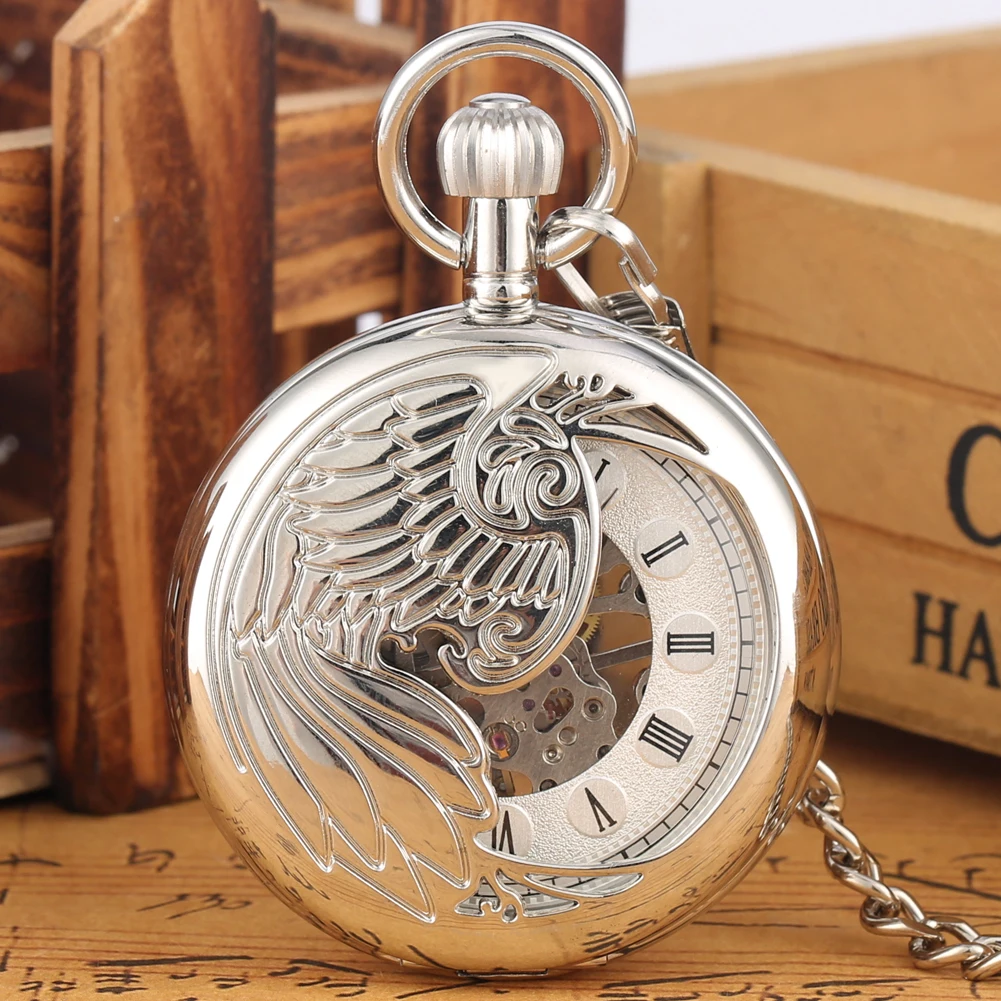 

Silver Hollow Phoenix Mechanical Hand Wind Pocket Watch Half Hunter Hollow Skeleton Watch Pendant Fob Chain Clock Hours Gifts