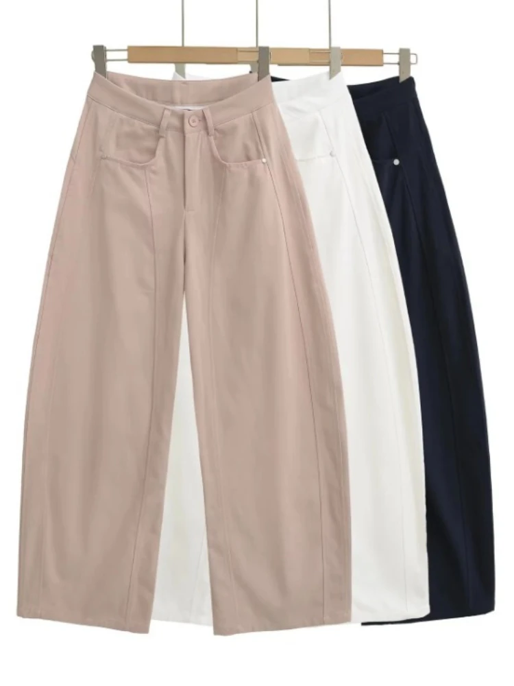 

Женские мешковатые прямые брюки из чистого хлопка, удобные мягкие повседневные брюки, модные корейские белые розовые брюки с высокой талией, женская одежда