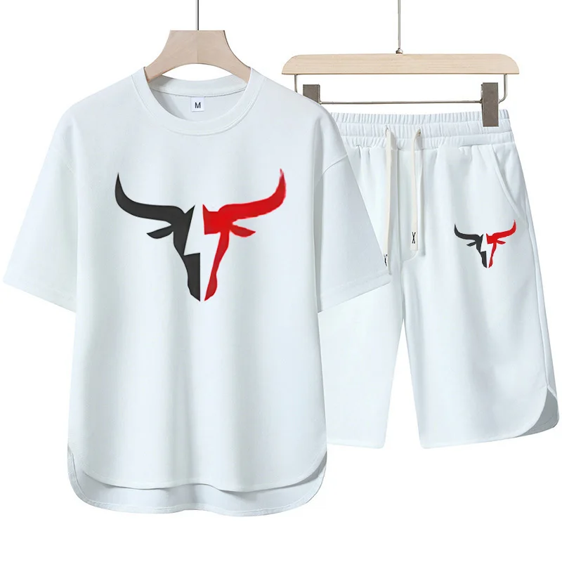 

2025 New European and American men's Summer Casual cotton and linen European size short-sleeved shirt + jogging sports shorts 2-