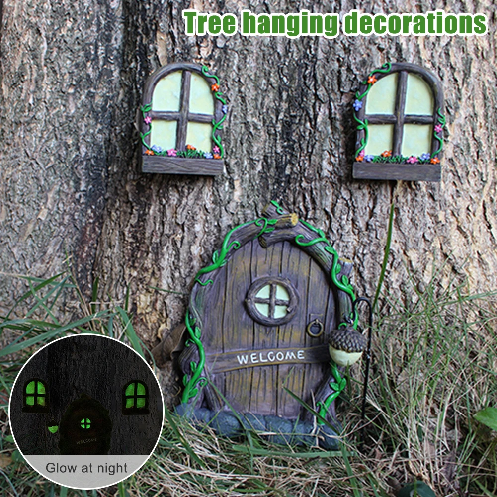 

3pcs Tree Sculpture Garden Gnome Window Door Resin Miniature Craft Elf Luminous Yard Art Ornament For Yard Garden Tree Trunk