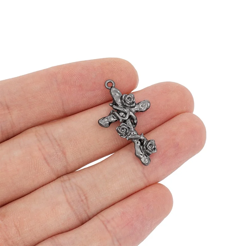 5Pcs Gothic Metal Rose Thorn Vintage Flower Cross Pendant DIY Necklace Bracelet Earrings Jewelry Making Supplies