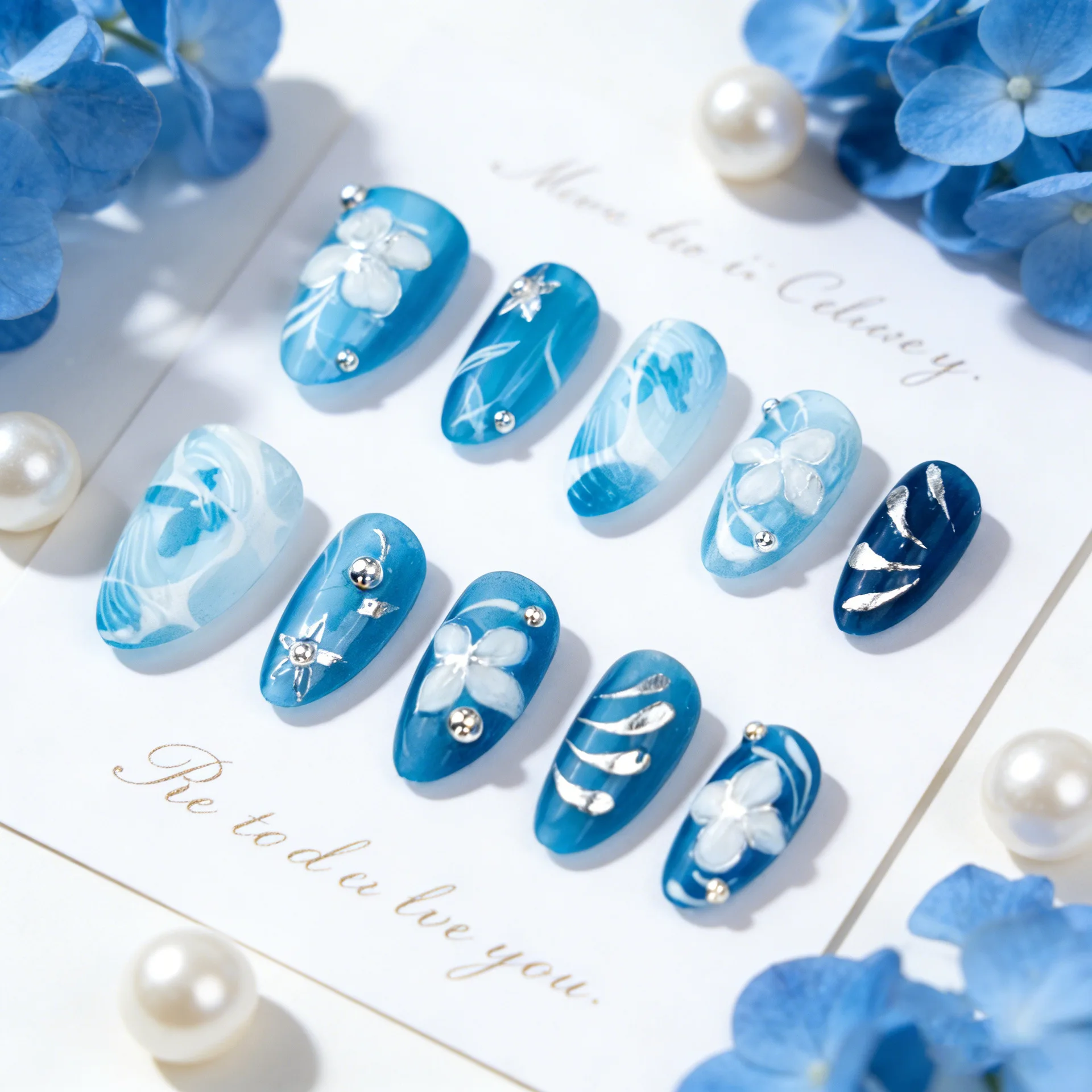 

24PCS Ocean Blue Gilt Press on Nails with Almond Shape 3D Flowers Pearl Handmade Diamond Nail Art Fresh Sweet Cool False Nails