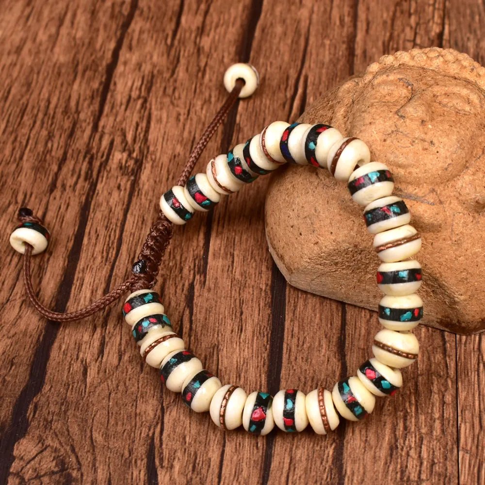 Handmade Yak Bone Burger Bead Bracelet Mala Bracelet Adjustable Tibetan Jewelry