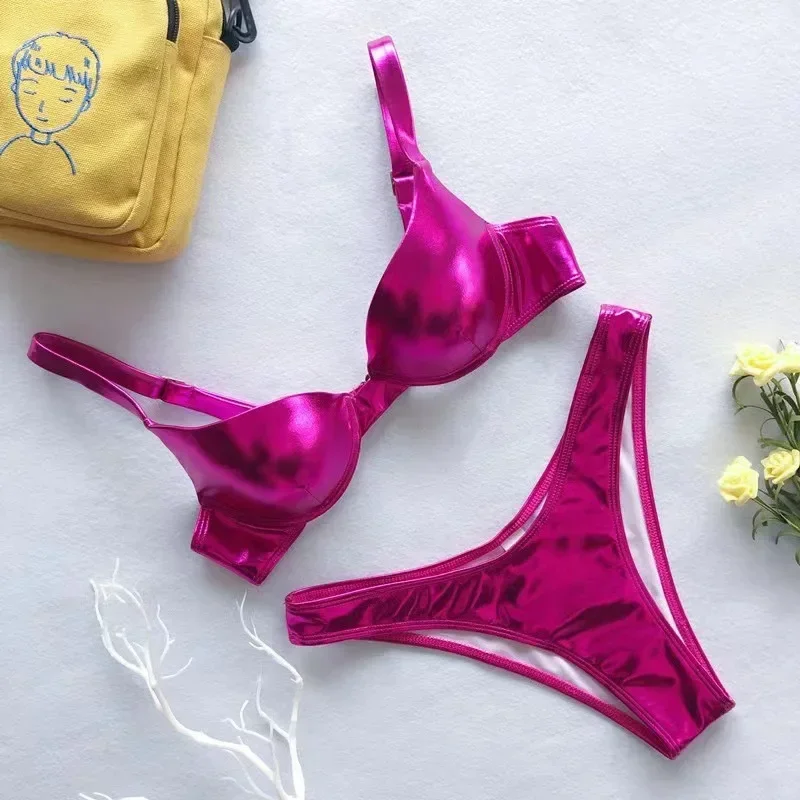 

Sexy Metallic Push Up Micro Bikinis Sets Padded Bra Bathing Suit Beach Wear Women Sexy Thong Bikini Reflective Shinny Swimsuits
