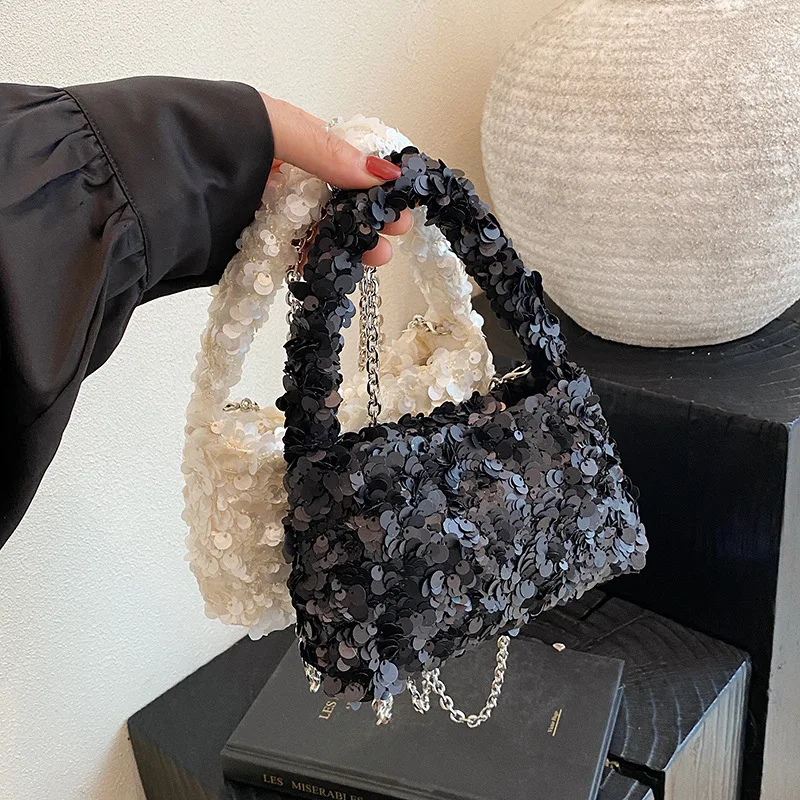 

Ladies Fashion Shoulder Bag Crossbody Pure Black White Sequin Casual Versatile Tote Handbags 2025 New Chain Handbags For Women