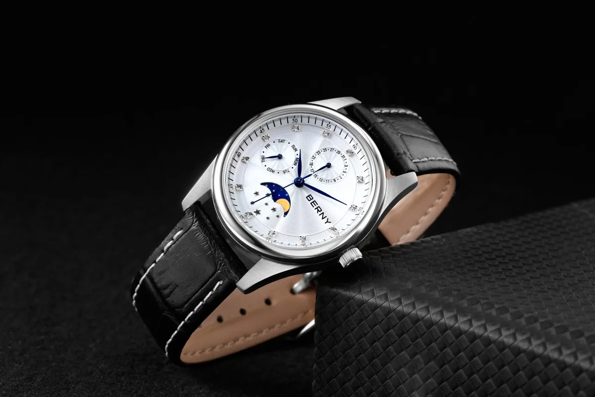 BERNY Damenuhren, Kalender, Datum, Woche, echte Mondphase, Quarz, Damenuhr, Lederarmband, elegante, lässige Damen- und Mädchen-Armbanduhr – Detail 14