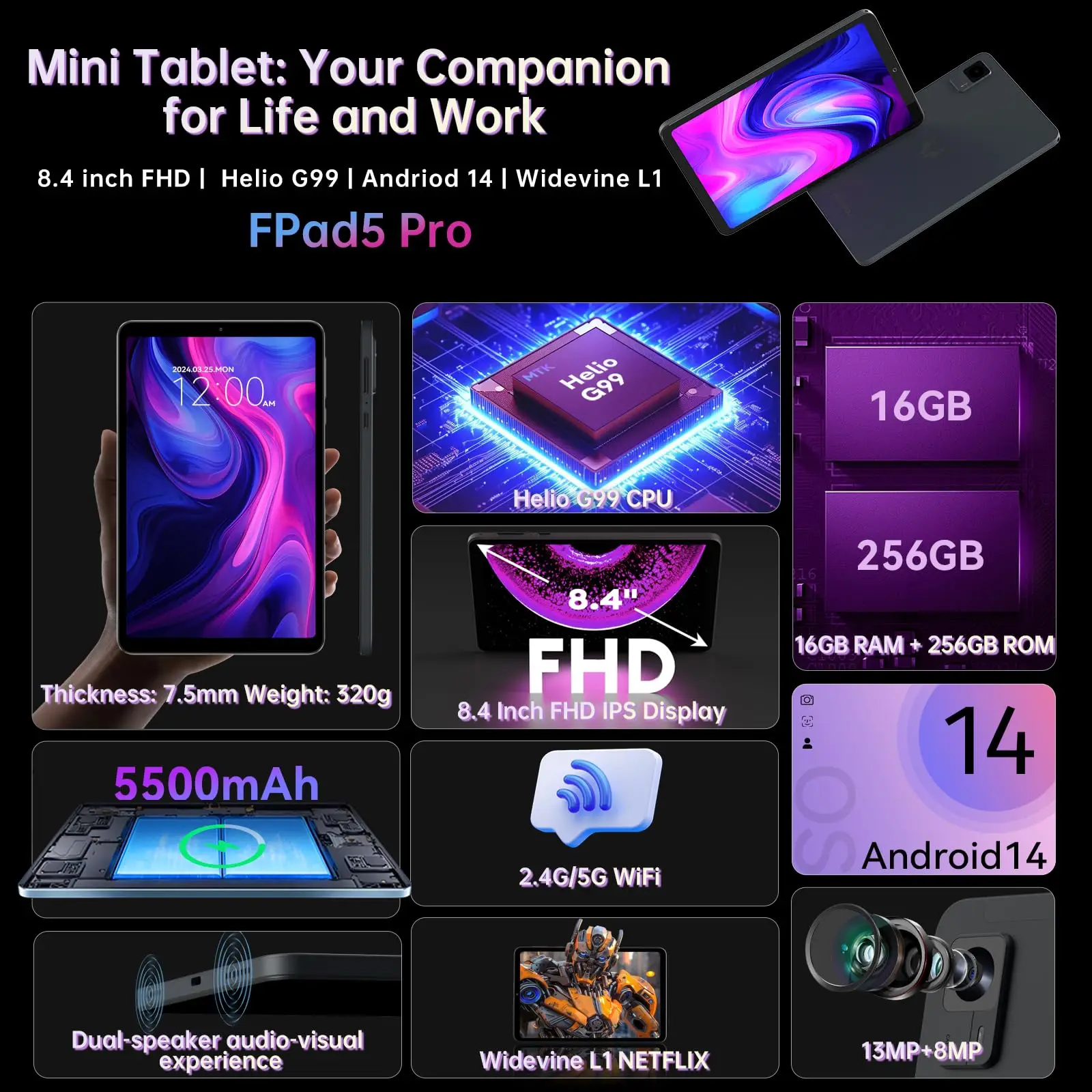 HEADWOLF FPad5 Pro 8.4 inch Android 14 Tablet  Max 16 Ram 256GB ROM UFS2.1 Octa-core G99 Tablet PC 5500 mAh Support  WideVine L1