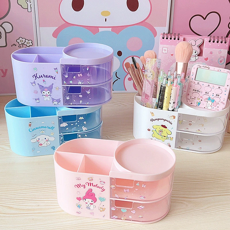 Sanrio Kawaii Hello Kitty Pen Holder Anime Kuromi Creative Large Capacity Desktop Stationery Makeup Brush Jewelry Box Drawer Box