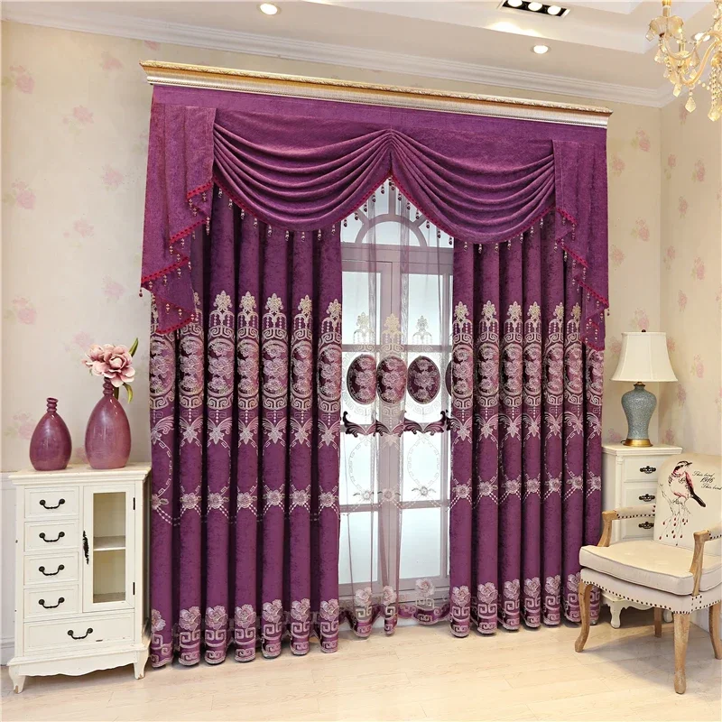 

Blue Beige Purple Brown High Quality European Style Villa Chenille Blackout French Window Curtains For Living Room Bedroom