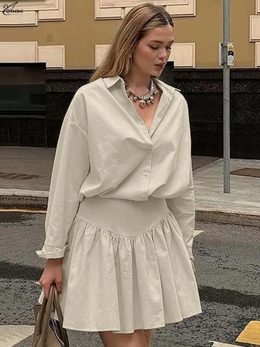 

Oymimi Elegant Beige Cotton 2 Piece Sets Woman Outfit Casual Long Sleeve Button Shirts And High Waist Pleated Mini Skirts Sets
