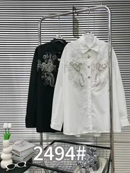 New In 2024 Autumn Oversized Cotton Diamonds Embroidery Blouses Shirts Women Long Sleeve Mid-length Buttons Up White Top Blusas