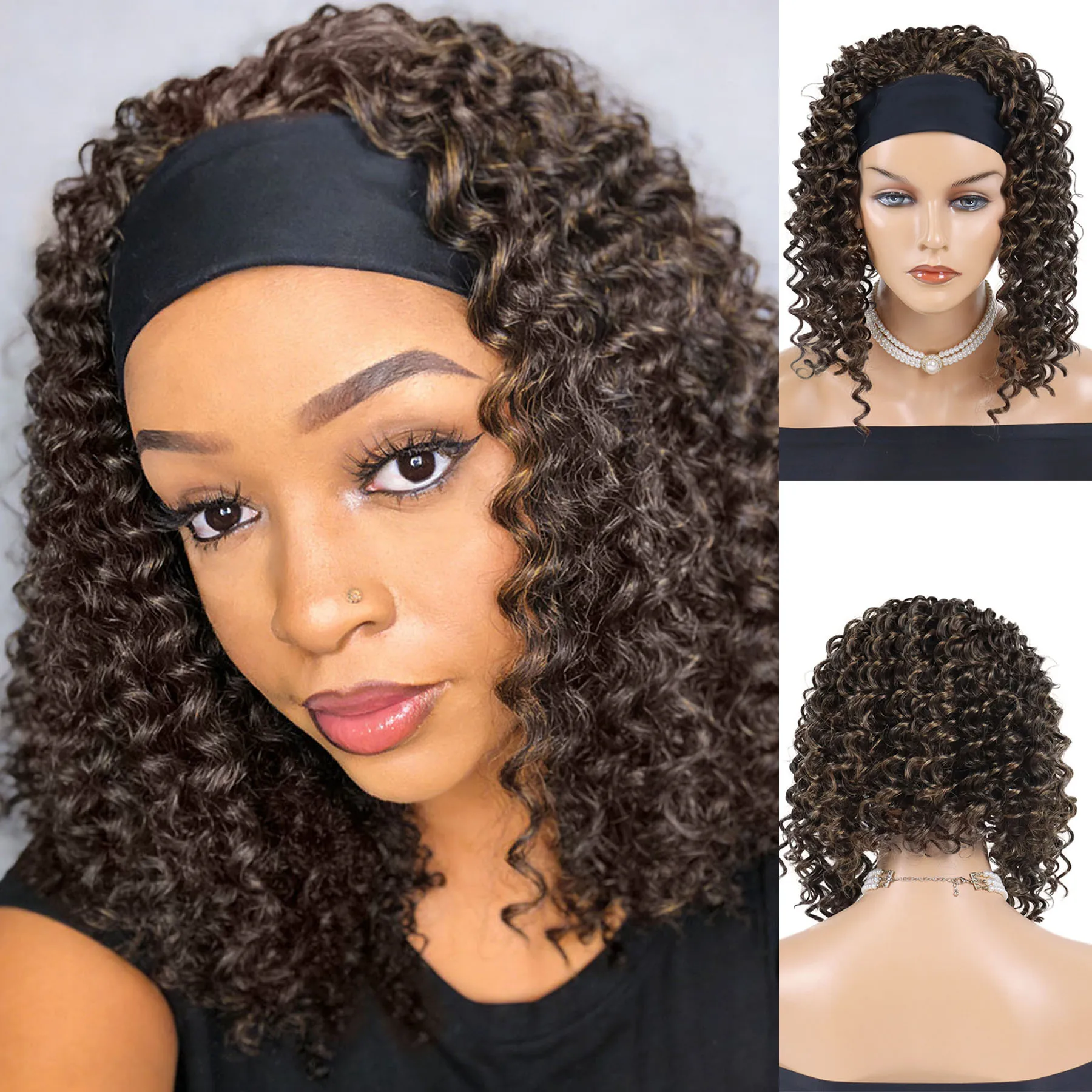 

Synthetic Brown Headband Wigs for Black Women Natural Curly Wig Short Wavy Wigs Water Wave Fluffy Styles Female Black,Grey Wig
