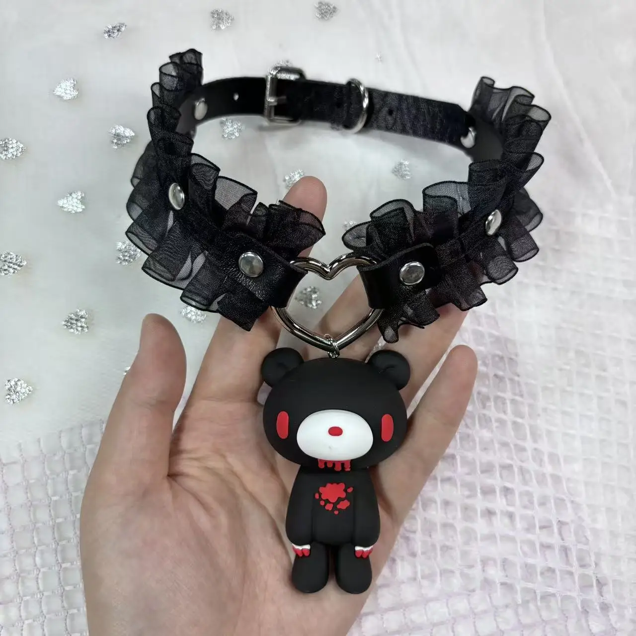 Edgy Bloody Bear Choker Necklaces - Black/pink ruffled collars with heart details and dark bear pendants. Bold alternative style