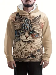 Casual Loose Design Cat Pattern men's Hooded Sweatshirt Fashionable Printed Harajuku Colored Top Street Minimalist men's Hoodies
