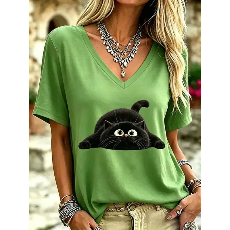 Cartoon Cat 3D Print Women's T-shirts Summer Casual V-neck Short Sleeve Loose Top Fashion Comfortable Breathable Female Clothing