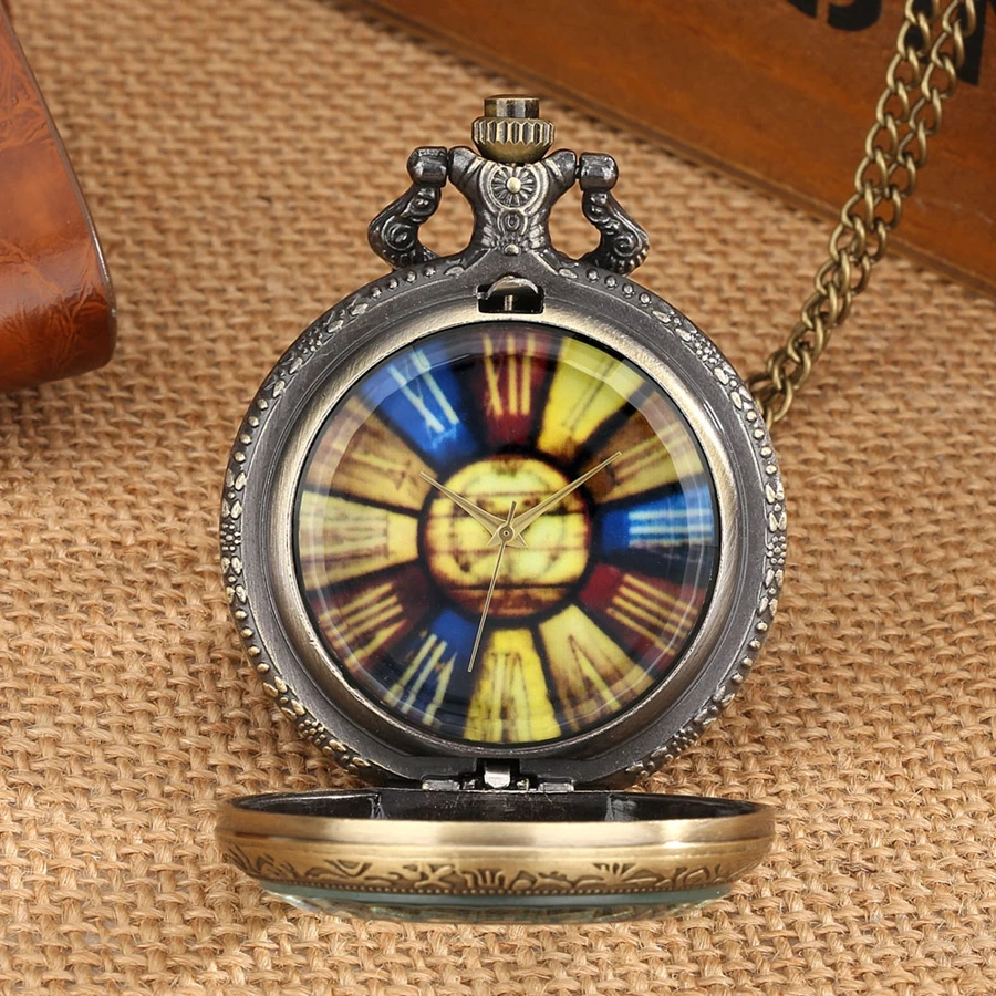 Penutup Kaca Mode Baru Jam Saku Quartz Perunggu Roma Warna-warni Kalung Liontin Jam Angka Romawi Retro Reloj dengan Aksesori