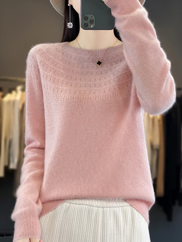 Women's Autumn Clothing O-Neck Hollow Out Pullover Sweater 100% Merino Wool Basic Casual Long Sleeve Cashmere Knitwear Tops 2024