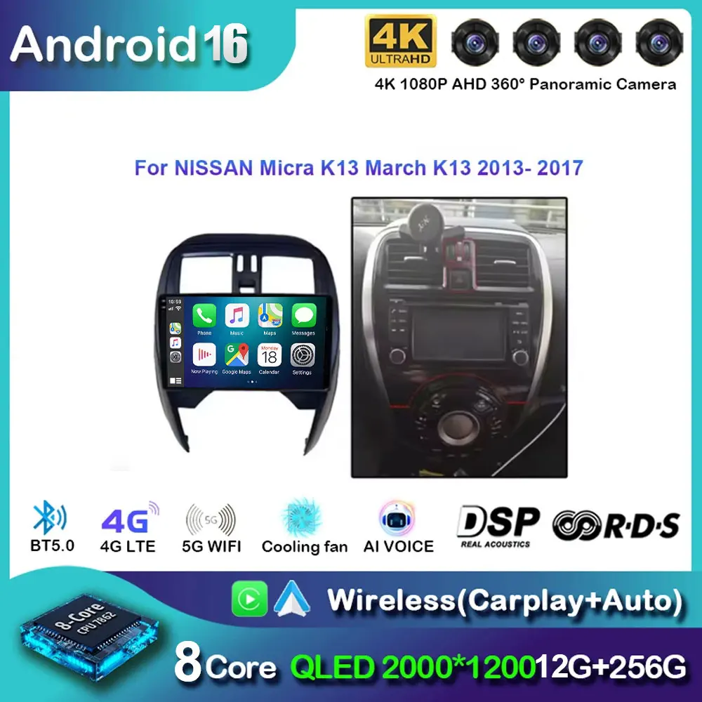 Radio Estéreo para Auto NISSAN Micra K13 March K13 2013-2017, Reproductor Multimedia, WIFI, GPS, Navegación, BT, Android 16, Carplay