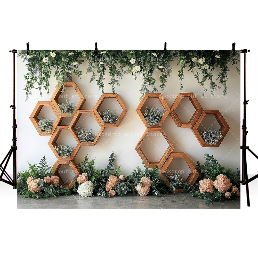 Mehofond Wooden Hexagon Shelves Photo Backdrop Family Kids Baby Photocall Cake Smash Birthday Photography Background Prop