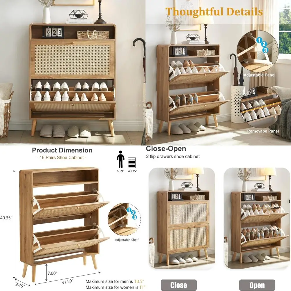 Modern Freestanding Narrow Shoe Storage Cabinet with 2 Flip Drawers for 16 Pairs, Entryway Shoe Rack, Hidden Shoe Organizer